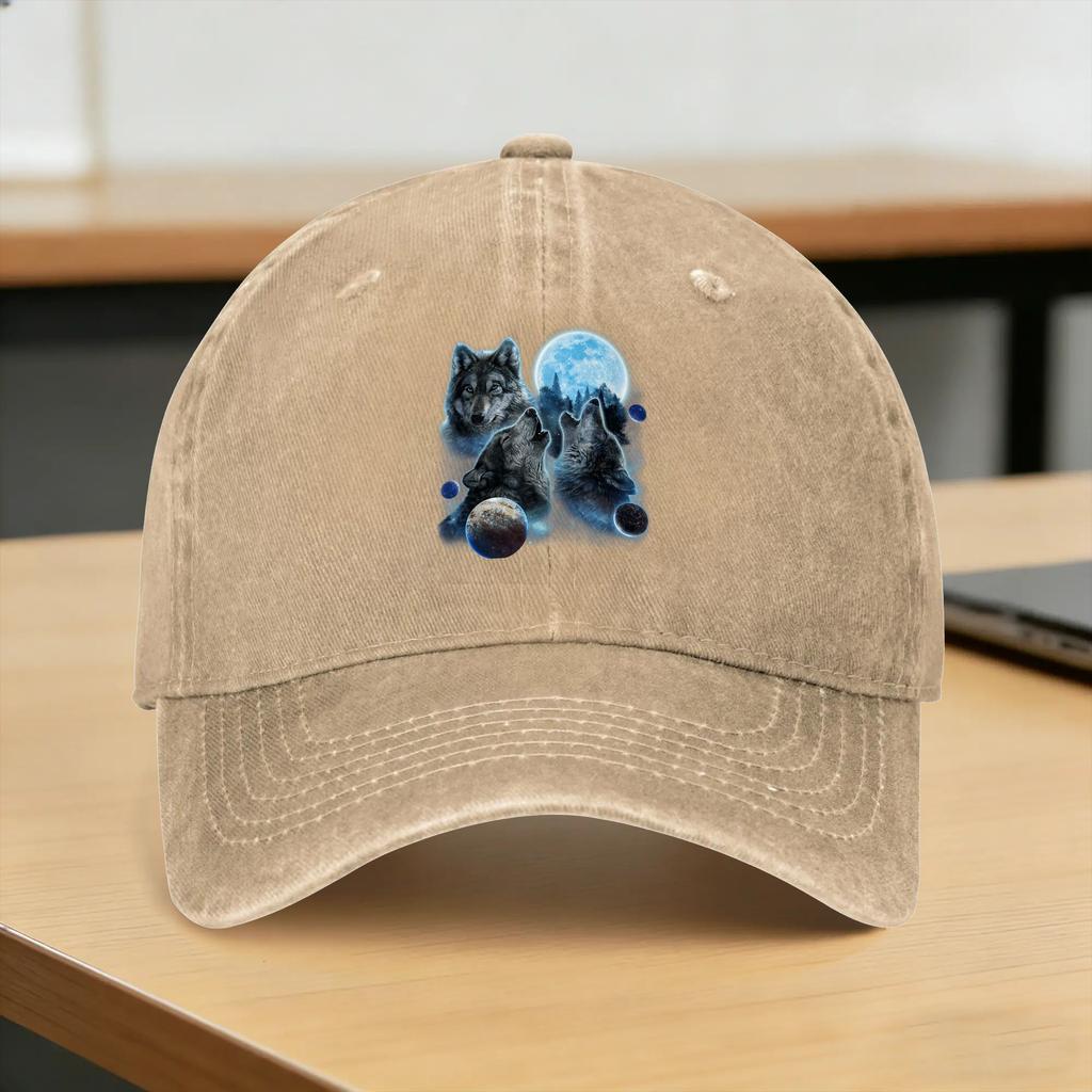 Three Wolf Howling and Moon Washed Baseball Cap  Vintage Sun Trucker Hat Summer UnisexTeens Hiking Fishing Snapback Cap