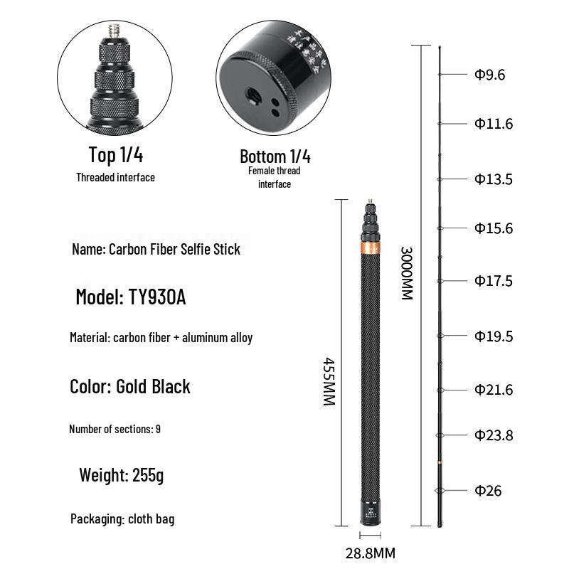 Insta360 X/R Kohlefaser Panorama Selfie Stick - 3m GoPro Verlängerungsstange mit 9 Abschnitten