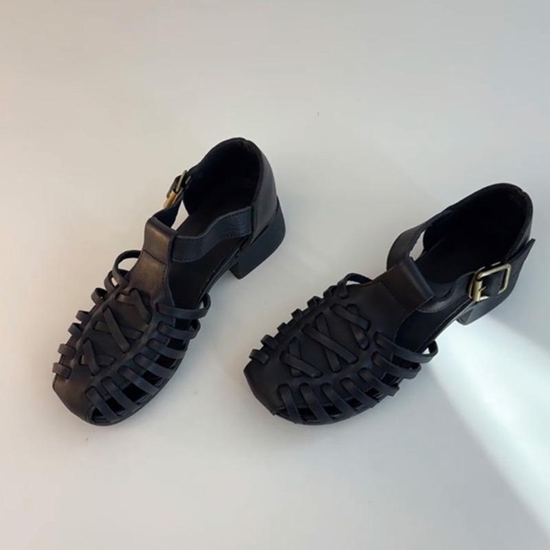 Sheepskin version niche retro woven open-toed summer sandals women's leather thick heel one-word bag head shoes
