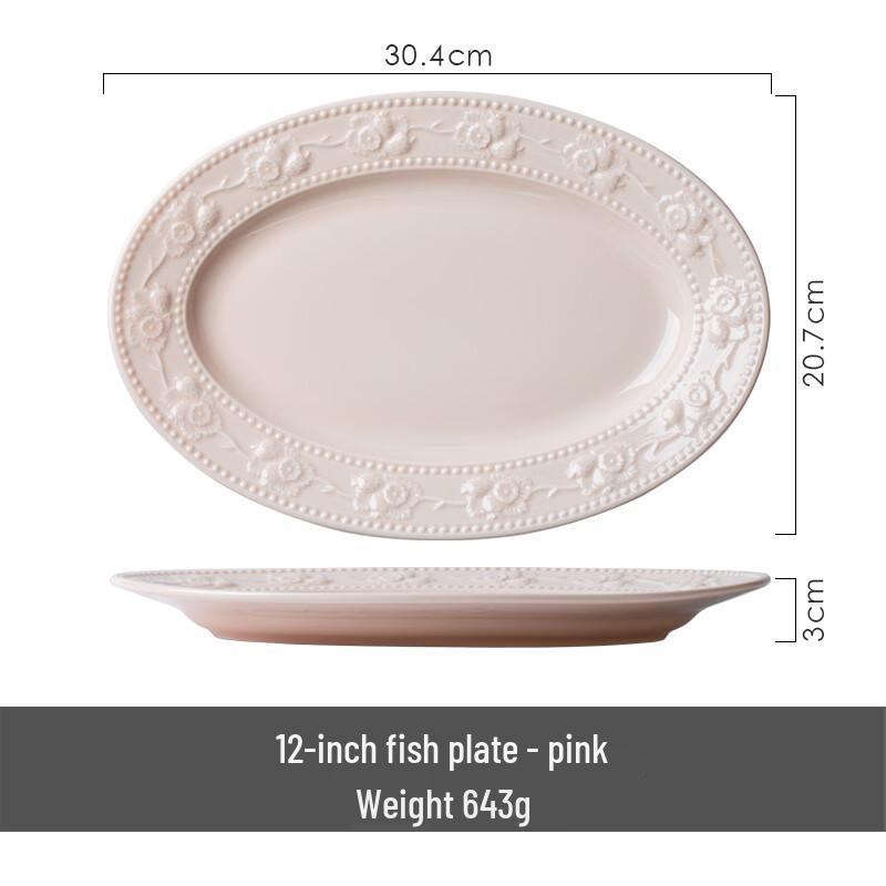 OIMG Nordic Pink Strawberry Embossed Ceramic Oval Fish Plate, 12-inch