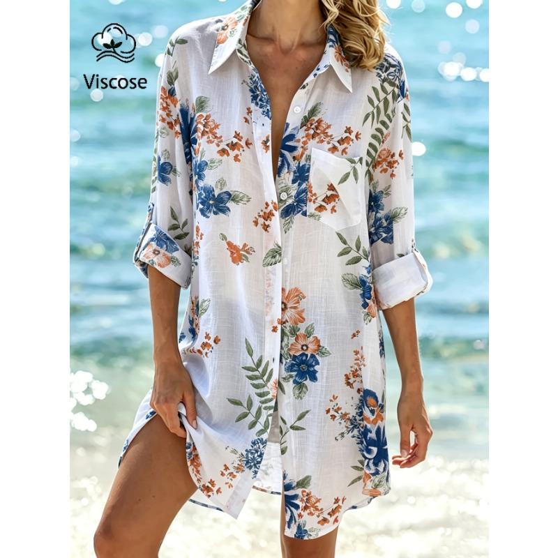 Medium-length Fashion Printed Top, Breathable Lightweight Shawl Cardigan, Long-sleeve Loose Cover-up, Beach Jacket