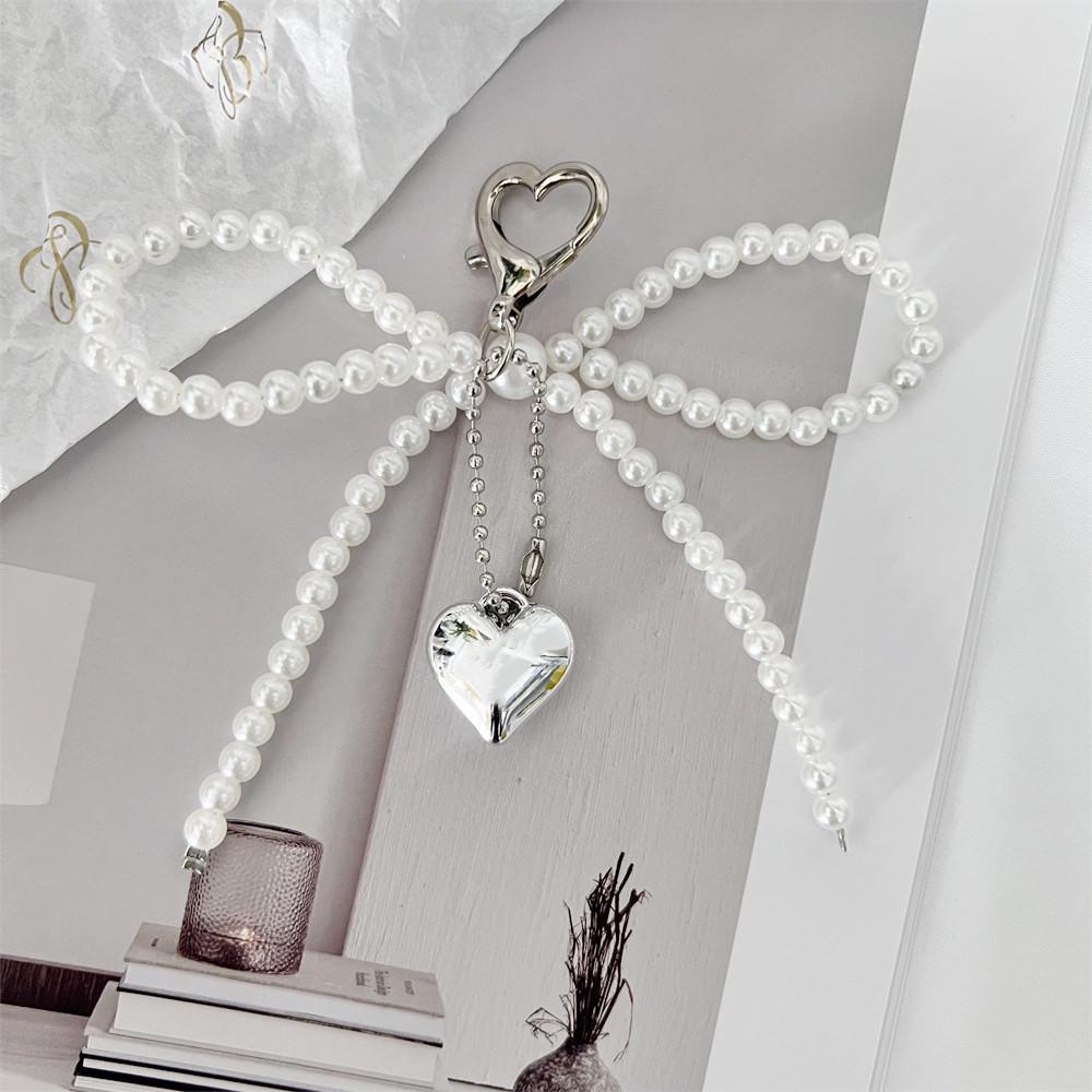 Korean Sweet Girl Pearl Bow Heart Pendant Keychain Bluetooth Earphone Charm