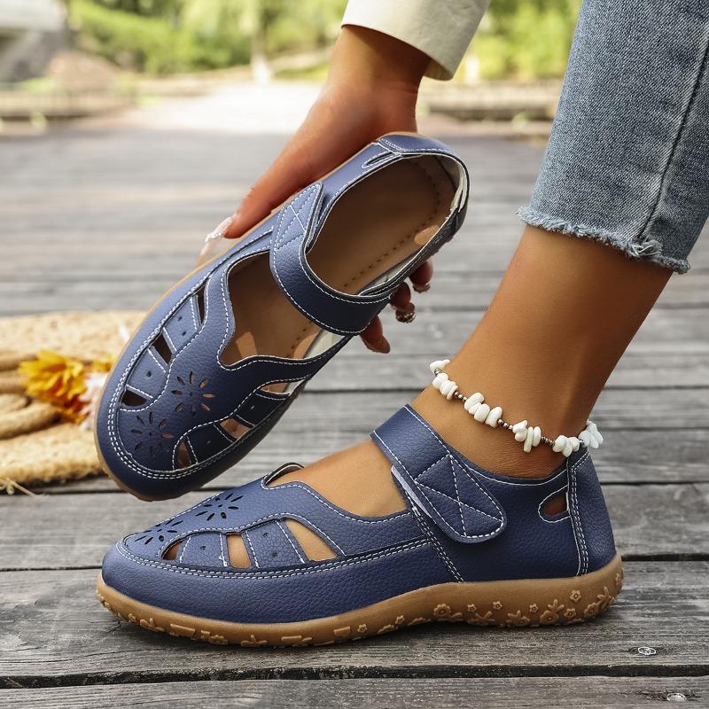 New Large-sized Hollowed-out Sandals for Women, Casual Flat, Button-toe, Wedge Heel Velcro Shoes