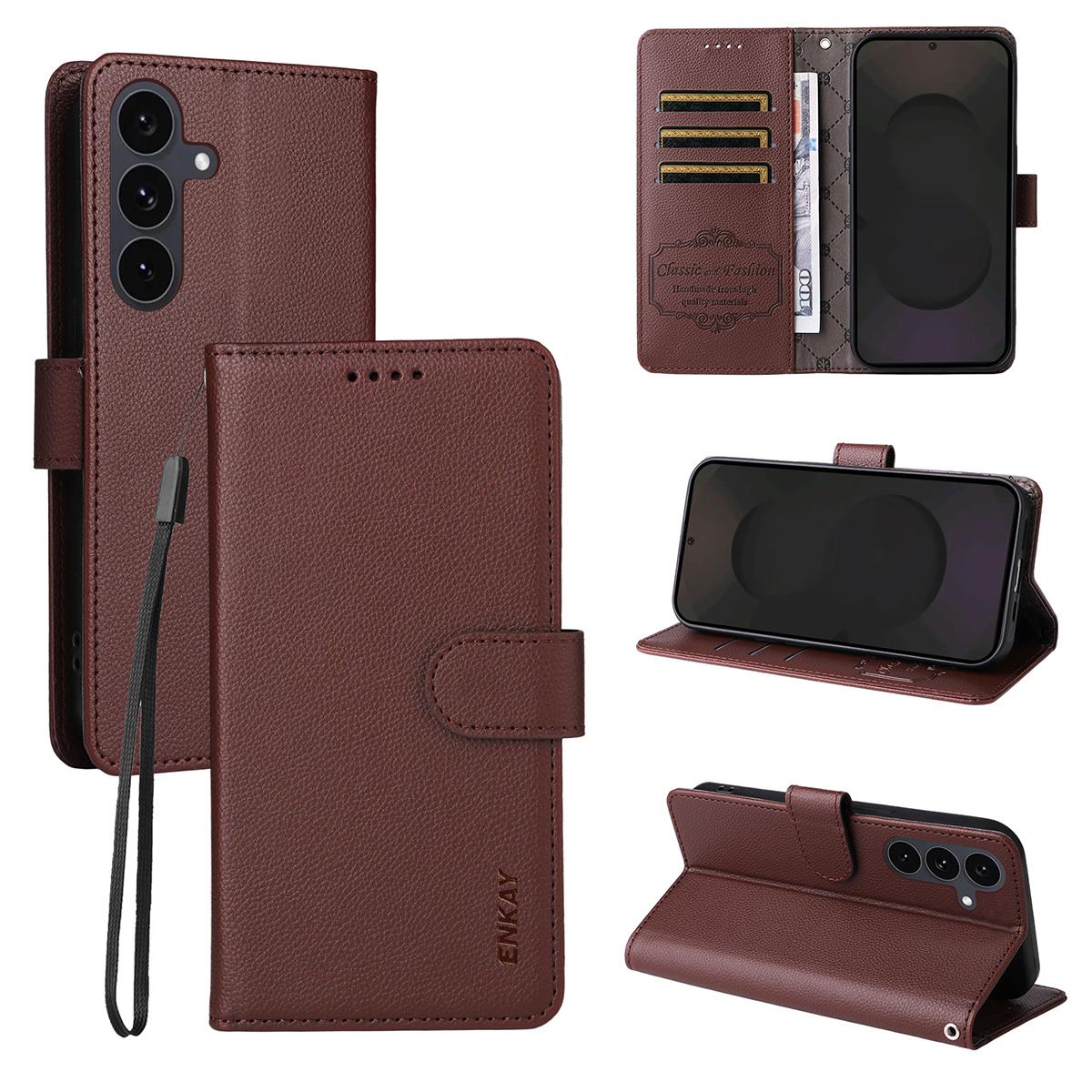 

For Samsung Galaxy S24+/Galaxy S25+ Wallet Case with Strap RFID Blocking Leather Stand Phone Cover Brown
