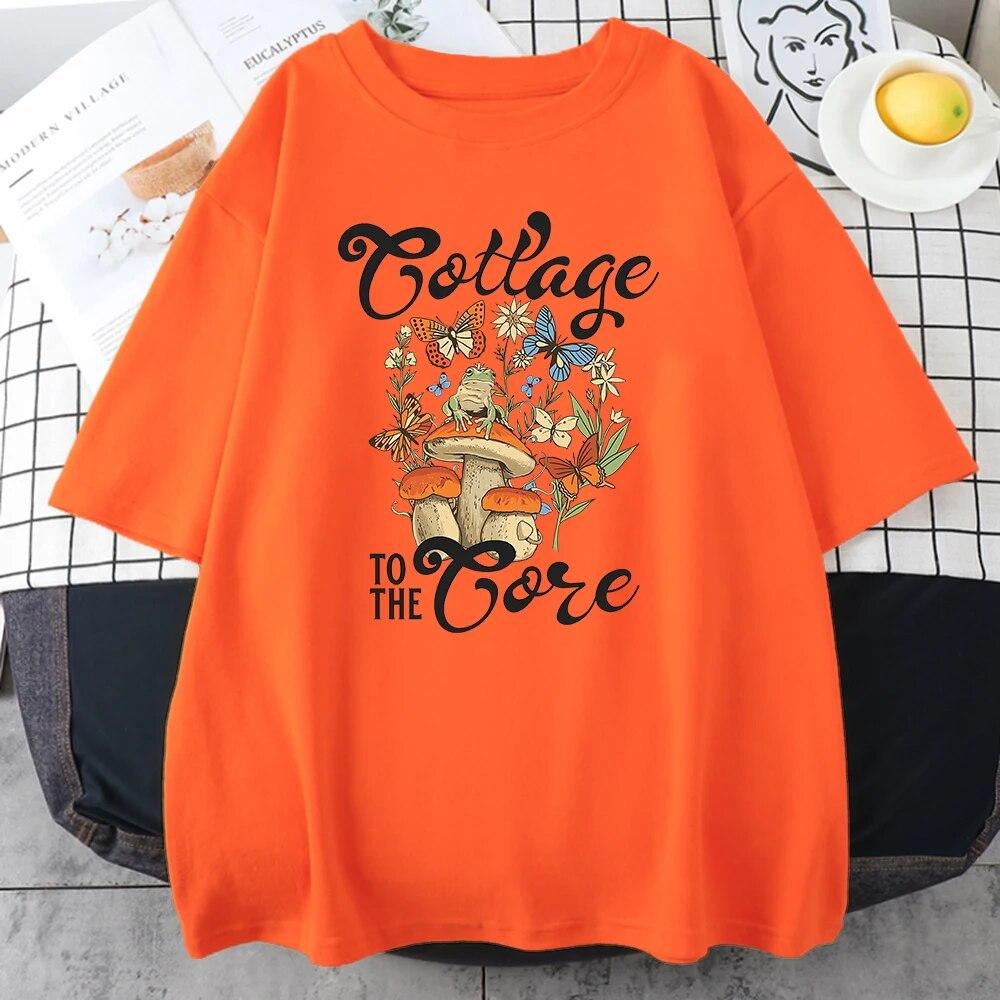 Cottagecore Estetika s žabí houbou Květinové topy Unisex trička nadměrné velikosti Volná letní trička Nové trička ze 100% bavlny