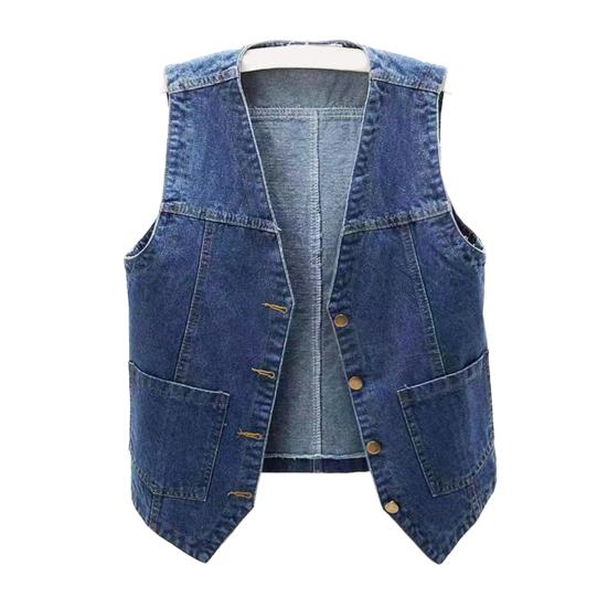 Vestă Dama Denim cu Buzunare Fără Mâneci cu Nasturi Largă Culoare Solidă Cardigan Gât în V