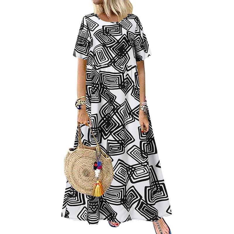 Frauen O-Ausschnitt Kurzarm Sommer geometrisch bedrucktes loses langes Kleid