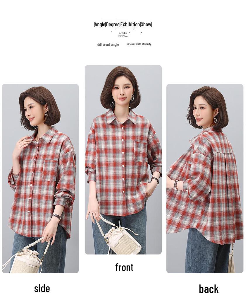Women's Long Sleeve Pure Cotton Plaid Shirt - 2024 Autumn Mother's Blouse, Perfect for Spring and Autumn.