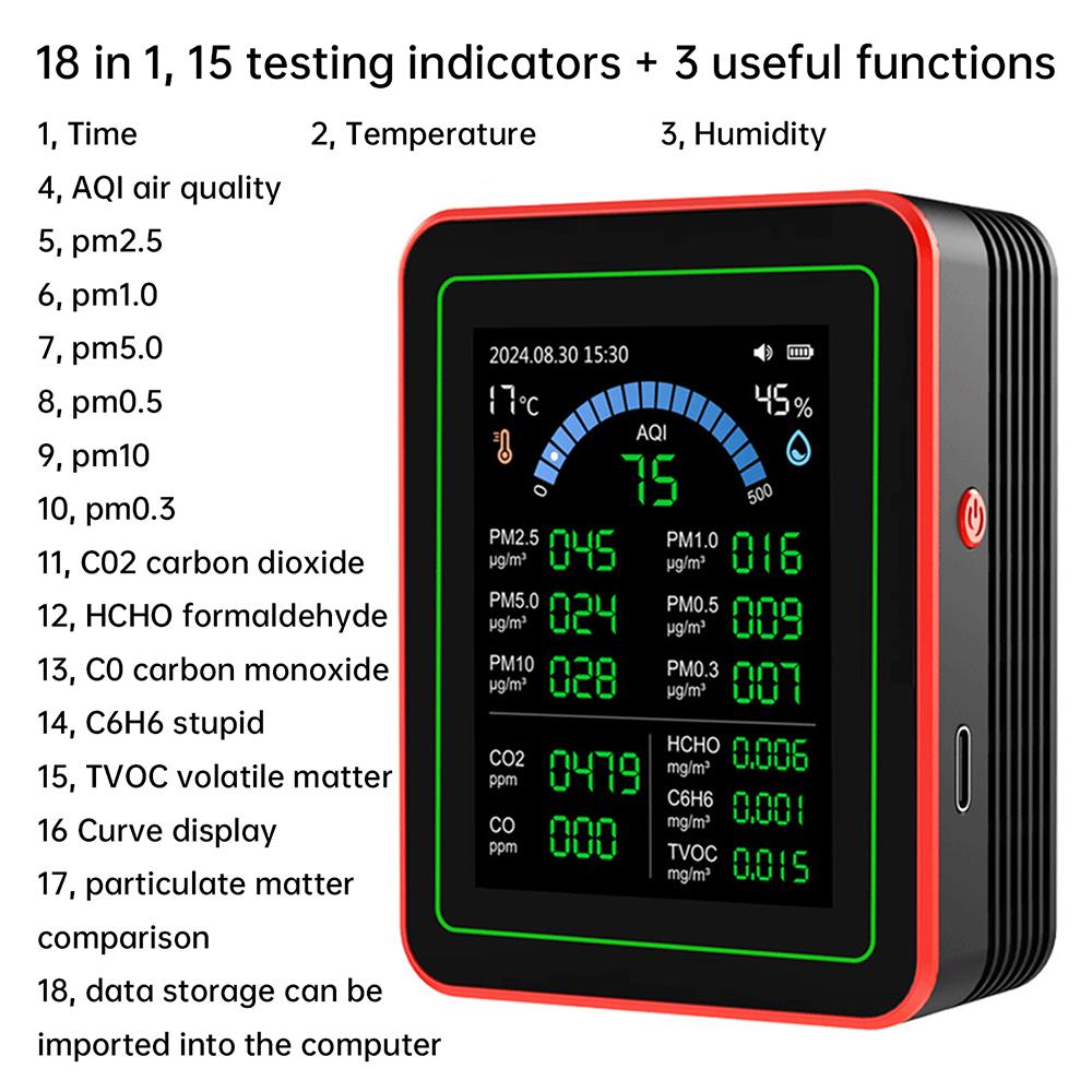 18-in-1 Air Quality Monitor CO₂, CO, TVOC, HCHO, PM Measurement Temperature and Humidity Tester Domestic Air Quality Detector