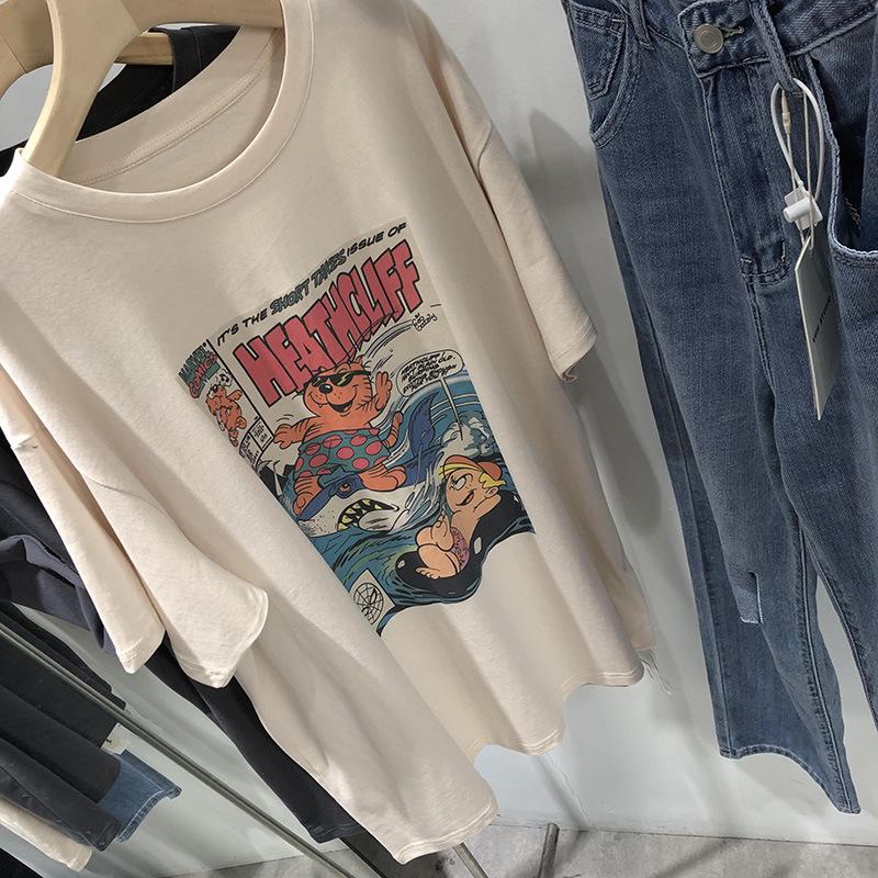 Women's Oversized Cartoon Print Morandi Color T-Shirt