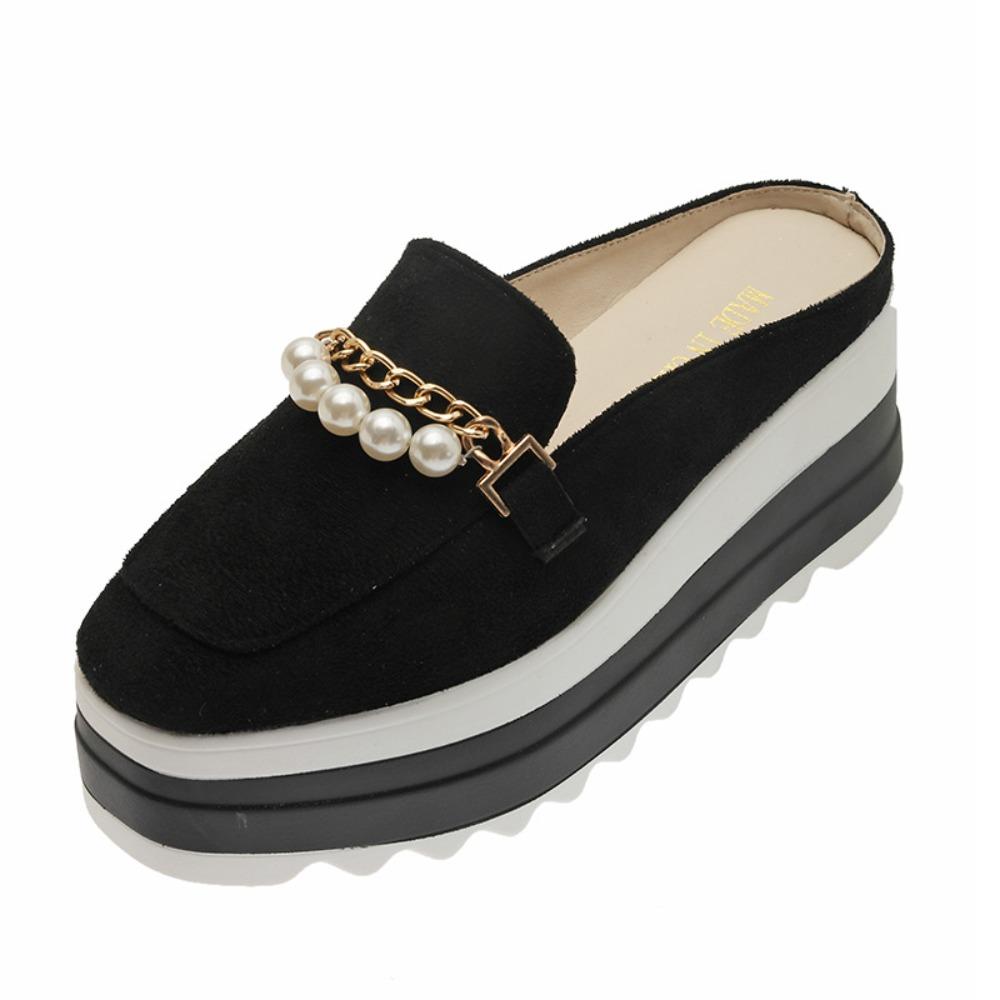 Womens Slippers Fashion Pearl Chain Shoes 7cm Heeled Suede Platform Comfortable Loafers Baotou Outdoor Casual Mules Slippers