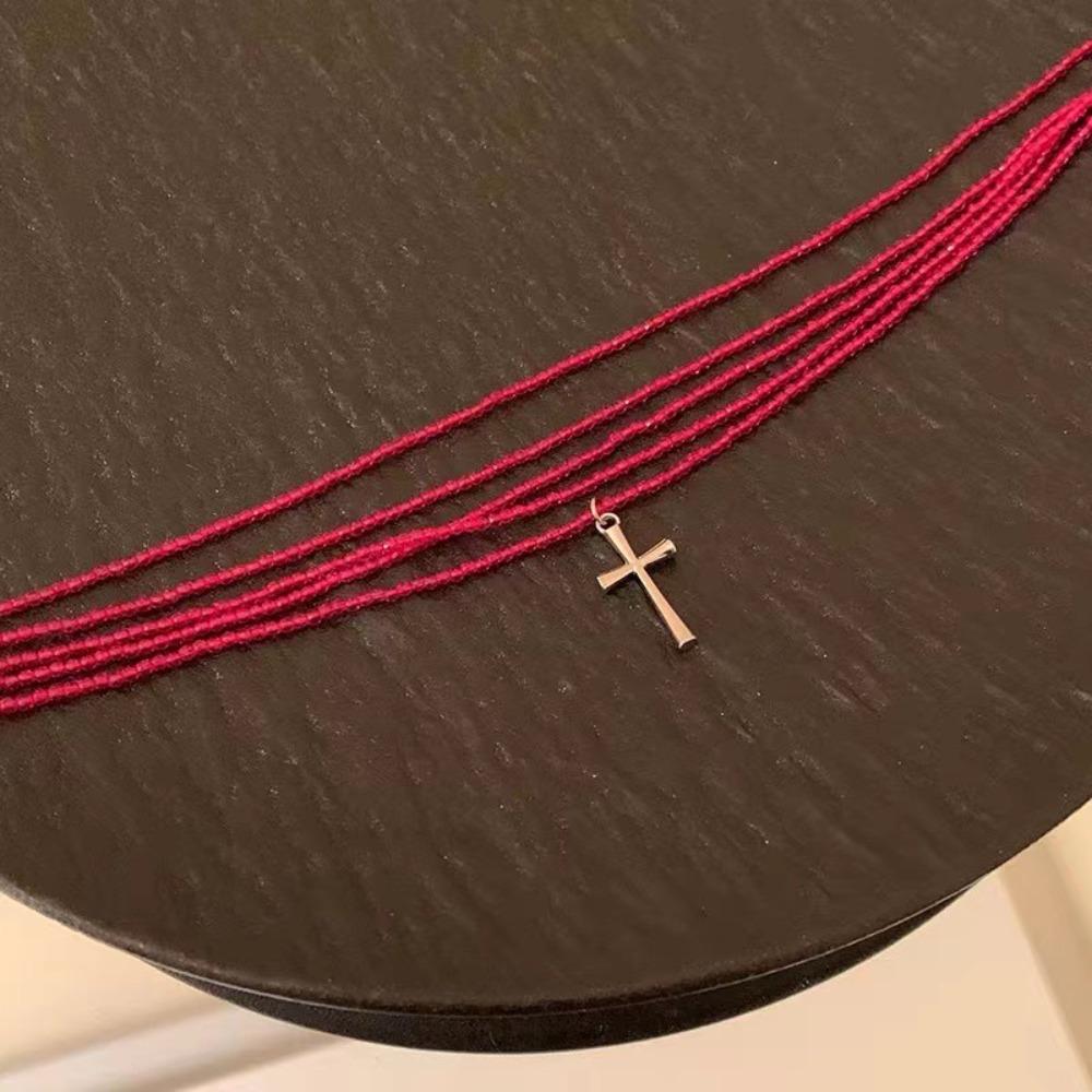 Y2k Subculture Sliver Color Cross Pendant Multi-layer Fold Wear Red Crystal Beaded Necklace for Women Men Collar Chain Jewelry