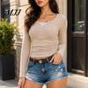 Weicher Basic Pullover Damen Slim Fit Sweatshirt für den Herbst, Langarm Casual Ösen Oberteil, Stretch Unifarben Spitze Rundhalsausschnitt Shirt Herbst