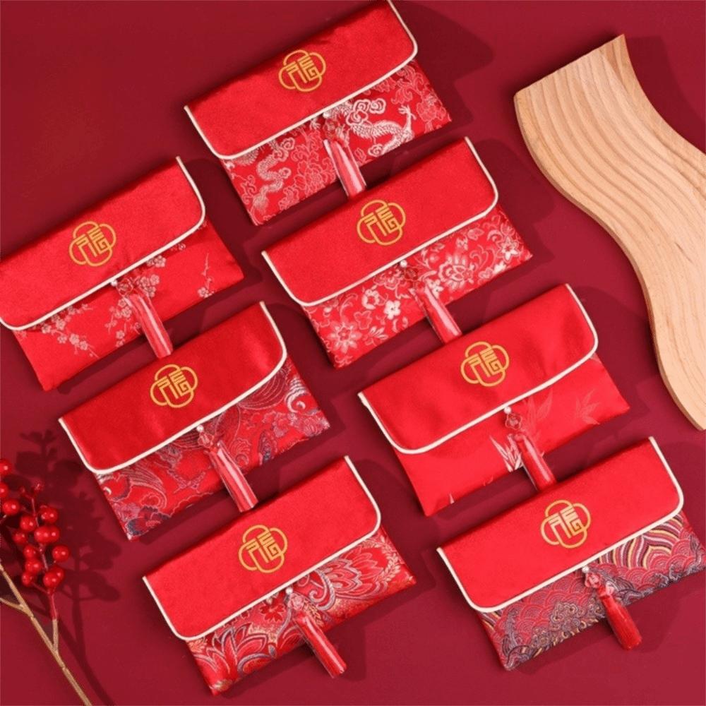 Blessing Words Brocade Red Envelop Embroidery Button Hongbao Tassel Best Wishes New Year Red Pockets Graduation Dinner