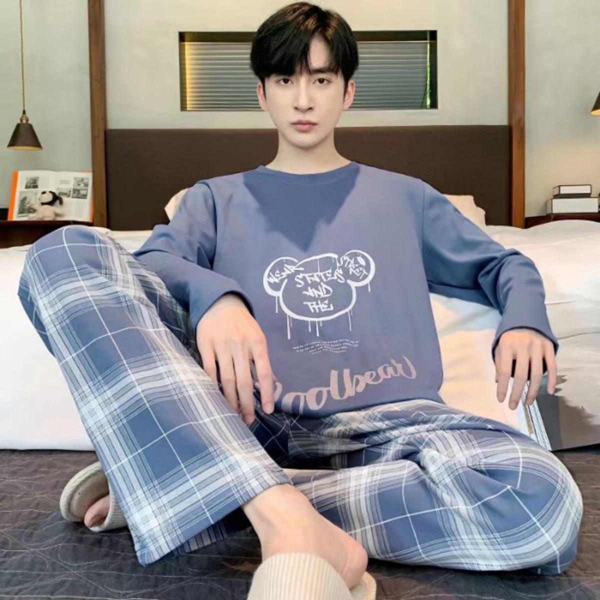 

Пижама Весна и Осень Мужская Новая с Длинным Рукавом Домашняя Одежда Простая и Повседневная Большой Комплект XL-2XL