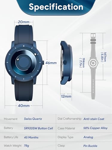 EUTOUR Men's Magnetic Watch, Stylish, Simple, Casual Quartz Watch with Magnetic Ball Design, 5ATM Water Resistance, 40mm Dial, Rubber Band, Blue