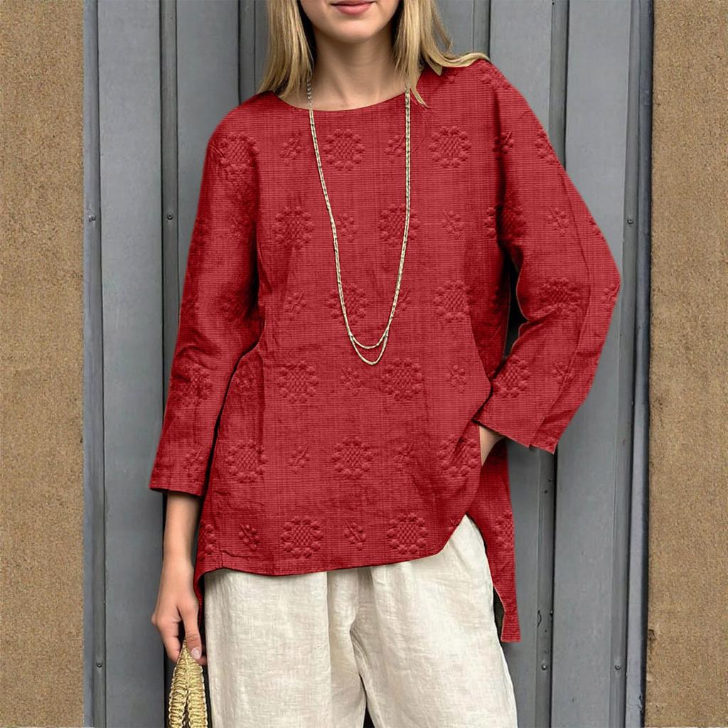 Women's Loose Cotton And Linen Retro Printed Round Neck Long Sleeved Fashionable Top