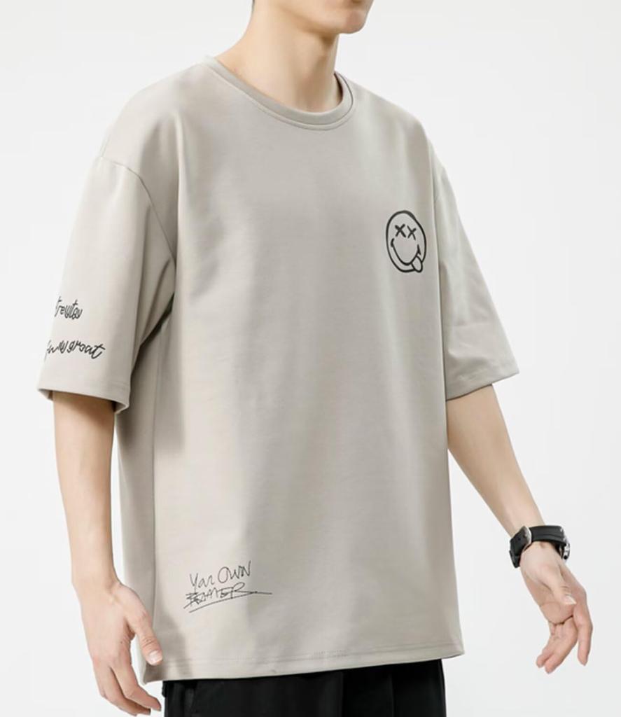 [Bligo] Men's 5/8 Sleeve T-Shirt, Plus Sizes, Round Neck, Smiley Logo, Relaxed Fit, Plain, Spring/Autumn, Casual, Short Sleeve T-Shirt, Stylish, Simpl