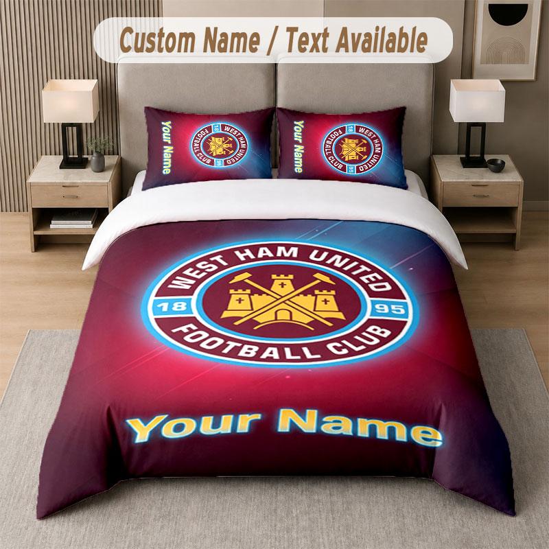 Custom Bedding Set West Ham United FC Pattern, Print Name Text 1 Duvet Cover plus 2 Pillowcases Home Textile