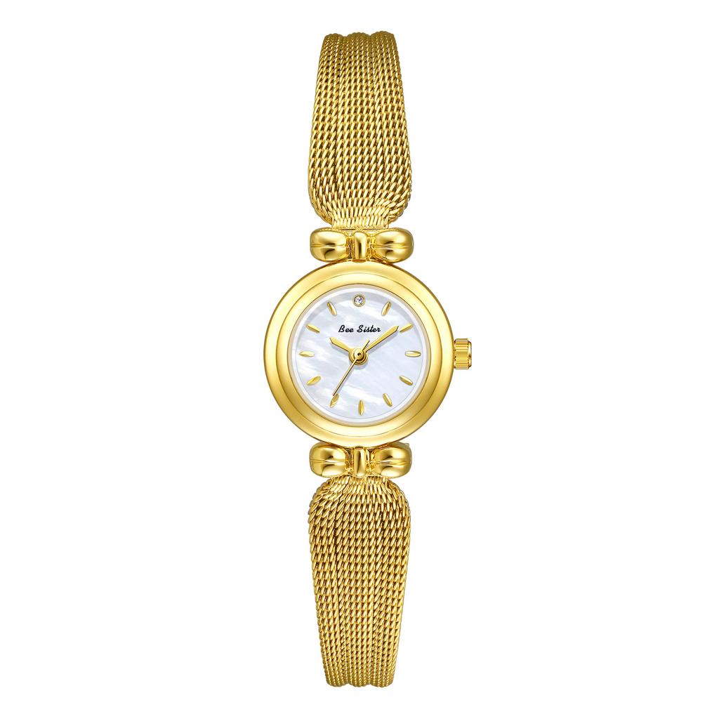 Mini Bowknot Mesh Band Women Quartz Watch, Small Round Dial Light Luxury Alloy Ladies Dress Wrist Watch with Shell Sunray Dial