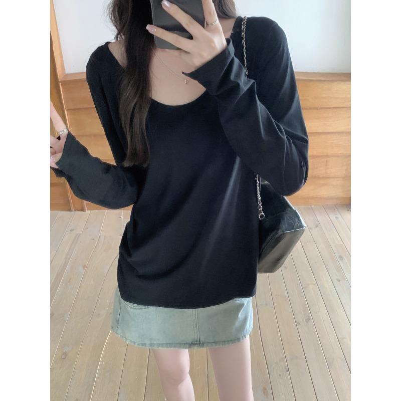 

Реальное фото однотонная футболка с воротником и длинным рукавом женская сезонная свободная и тонкая ретро Гонконг топ базовая футболка XL чёрный