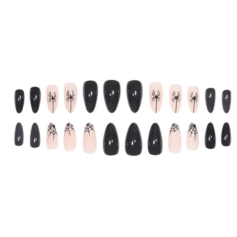 Halloween Spider Web Nail Tips Long Teardrop Shape Black Gothic Press-On Nails Women