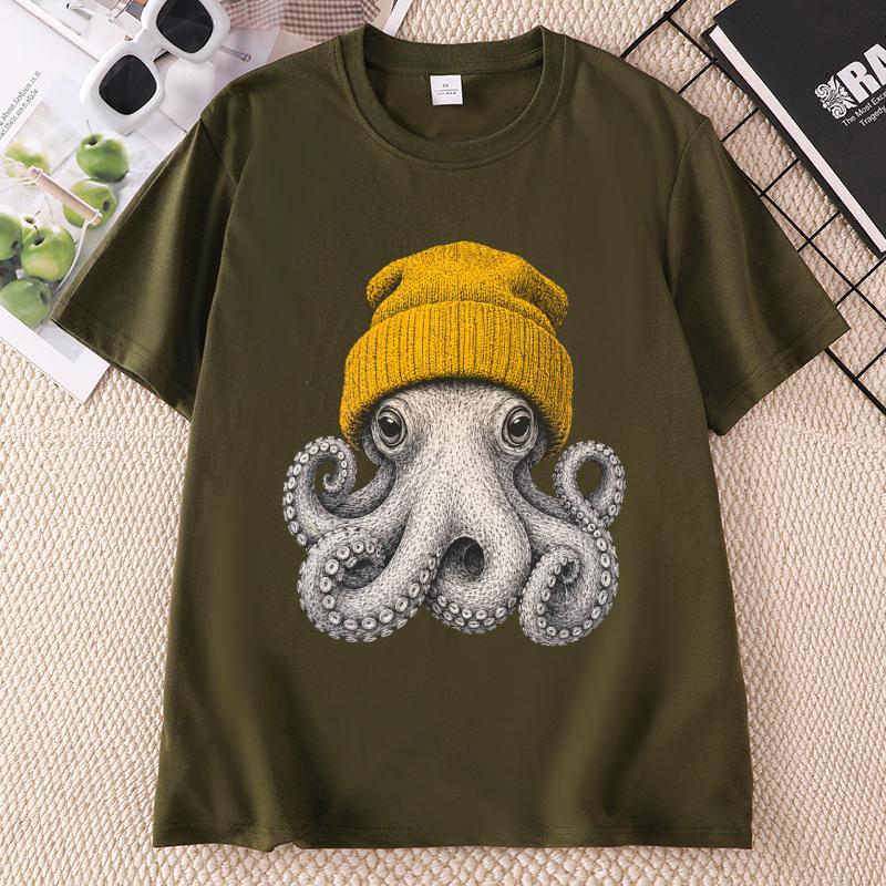 Cute Octopus Beanie T Shirt Ocean Animal TShirt Vintage Octopus Tees Casual Round Neck Printed Cotton Short Sleeve Tshirts