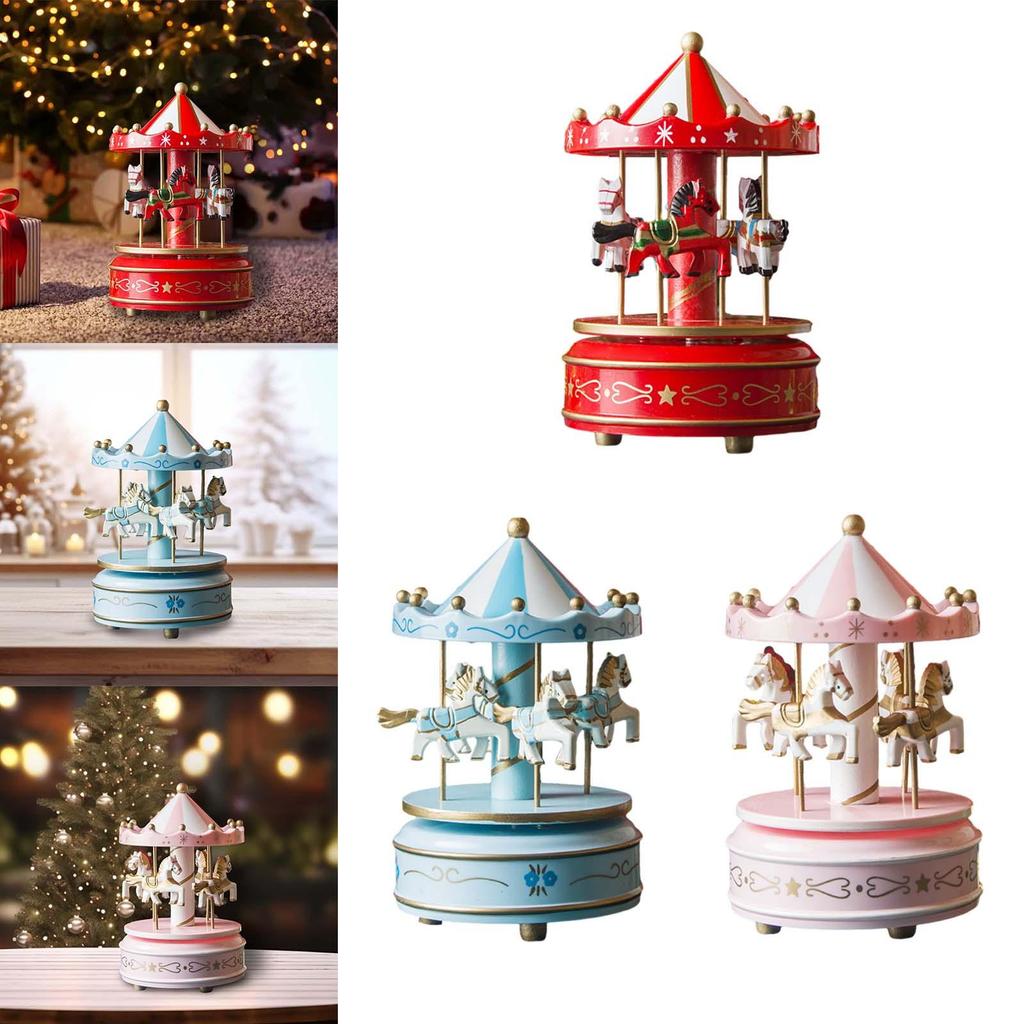Christmas Wooden Carousel Music Box Turn Horse Shaped Hand Painted Ornament Rotating for Anniversary Present Durable