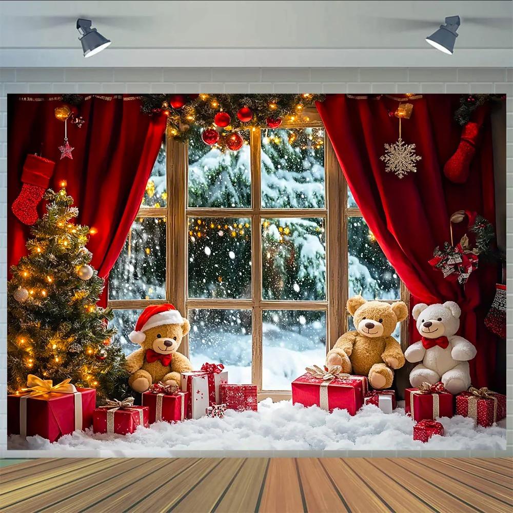 Winter Christmas and Happy New Year Banner Decoration Background Snow Scenery Teddy Bear Decoration Photography Background