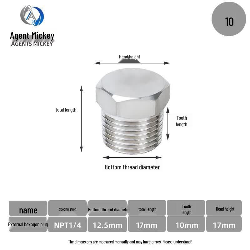 Agents Mickey 304 Stainless Steel NPT1/4 Hex Head Pipe Plug