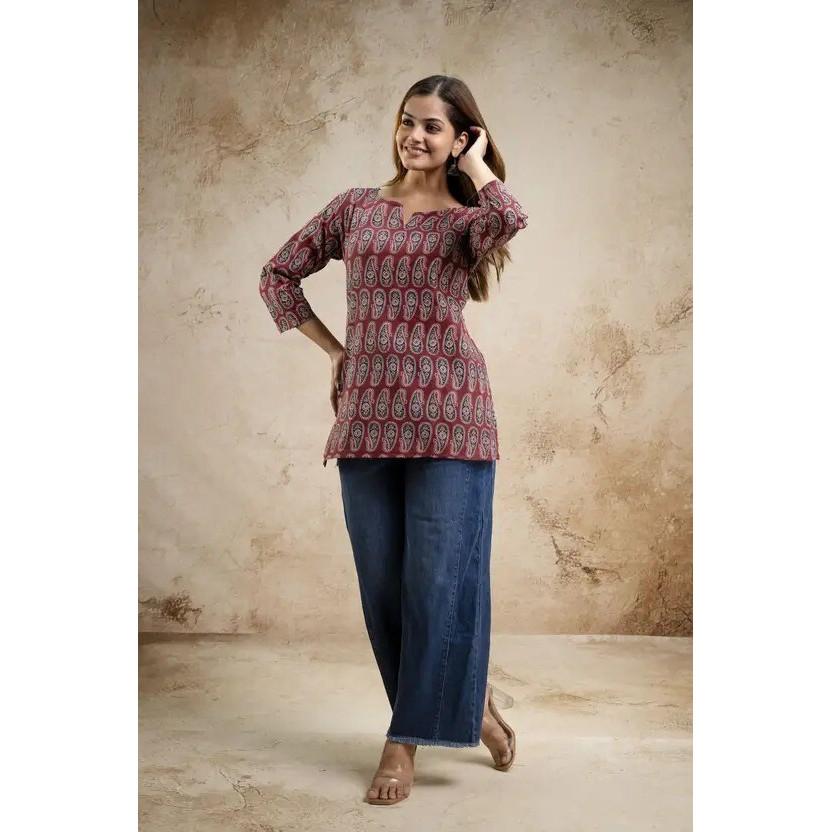 Women Printed Cotton Blend Straight Kurta Top Indian Party Wear Designer Tunic VFP-1853a