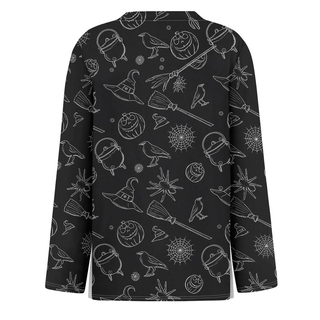 Women's Long Sleeve Round Neck Top with Halloween Print and Side Split Hem