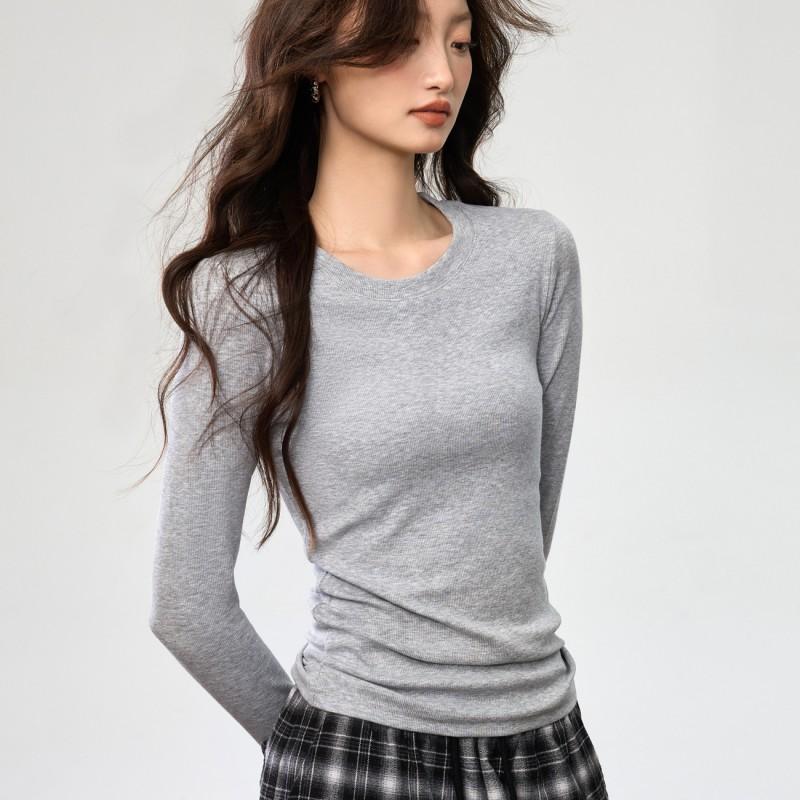 Soft Brushed Cotton T-Shirt Women Fall Winter Long Sleeve Slim Fit Stand Collar Base Layer Top