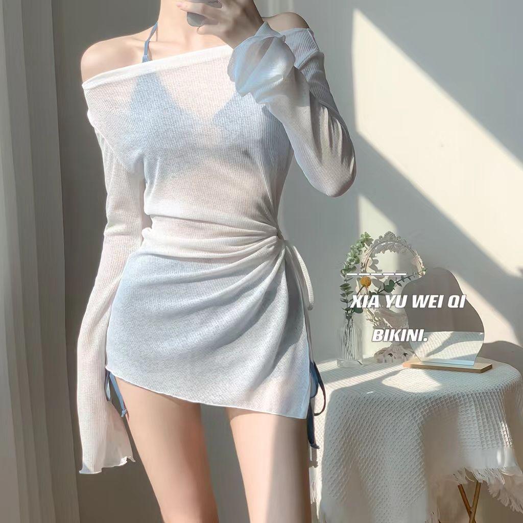Xia Yu Weiqi [Heart White] White long-sleeved sunscreen, slim-fitting and thin split, belly-covering, conservative boxers, swimsuit M