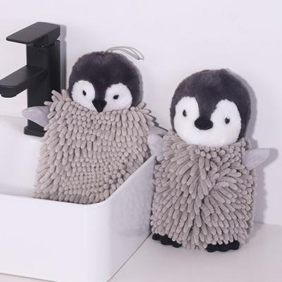 Penguin Doll Hand Towel Cartoon Penguin Hand Drying Towel Kids Absorbent Chenille Ball Towel with Hanging Loop for Kitchen Bathroom