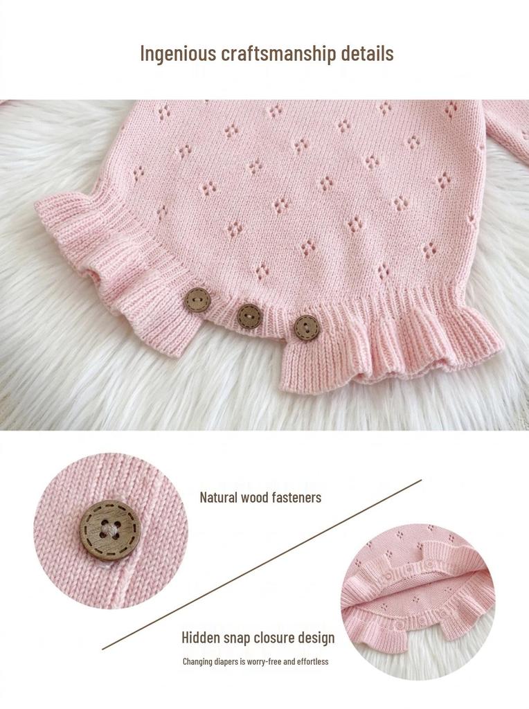 Infant Girl's Pure Cotton Lace Hem Knit Bodysuit Sweater Onesie
