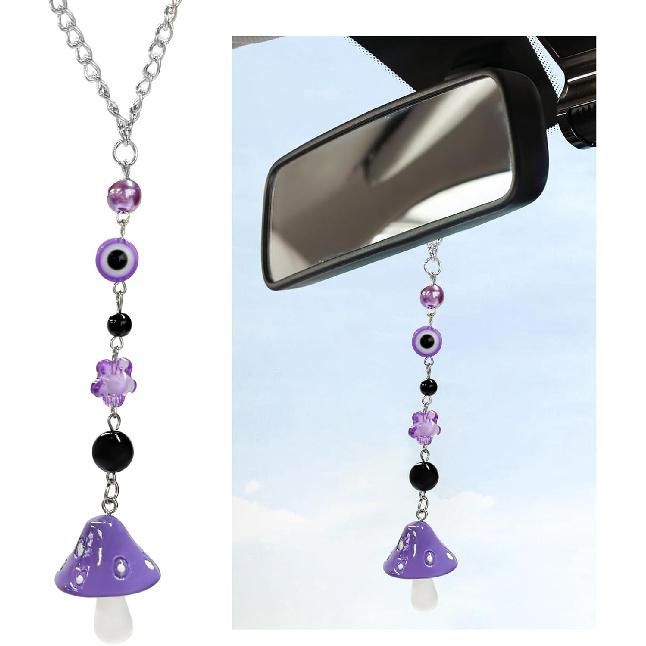 Car Rearview Mirror Mushroom Charm, Car Hanging Ornament Resin Mushroom Pendant for Women Girls, Lucky Mushroom Beaded Decor Universal Rear View