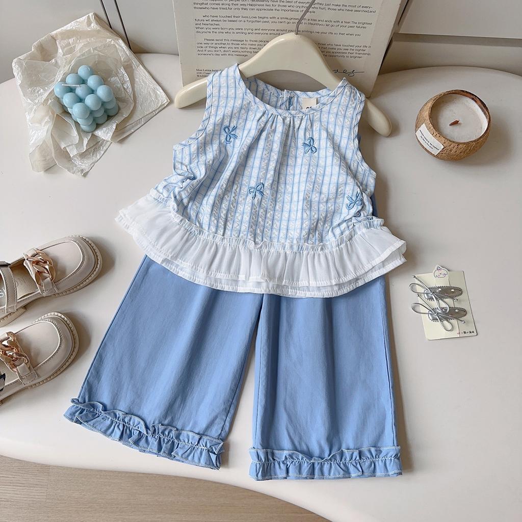 Summer Girls Plaid Vest And Wide Leg Pants Set With Bowknot Embroidery And Lace Trim Two Piece Outfit For Kids
