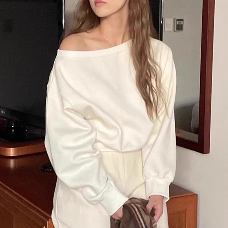 

Женская однотонная толстовка с открытыми плечами, свободного покроя, с длинными рукавами, весна/осень. One Size белый