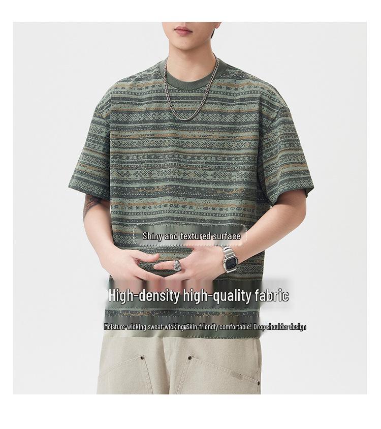 Men's Vintage Ethnic Striped Short Sleeve Loose T-Shirt
