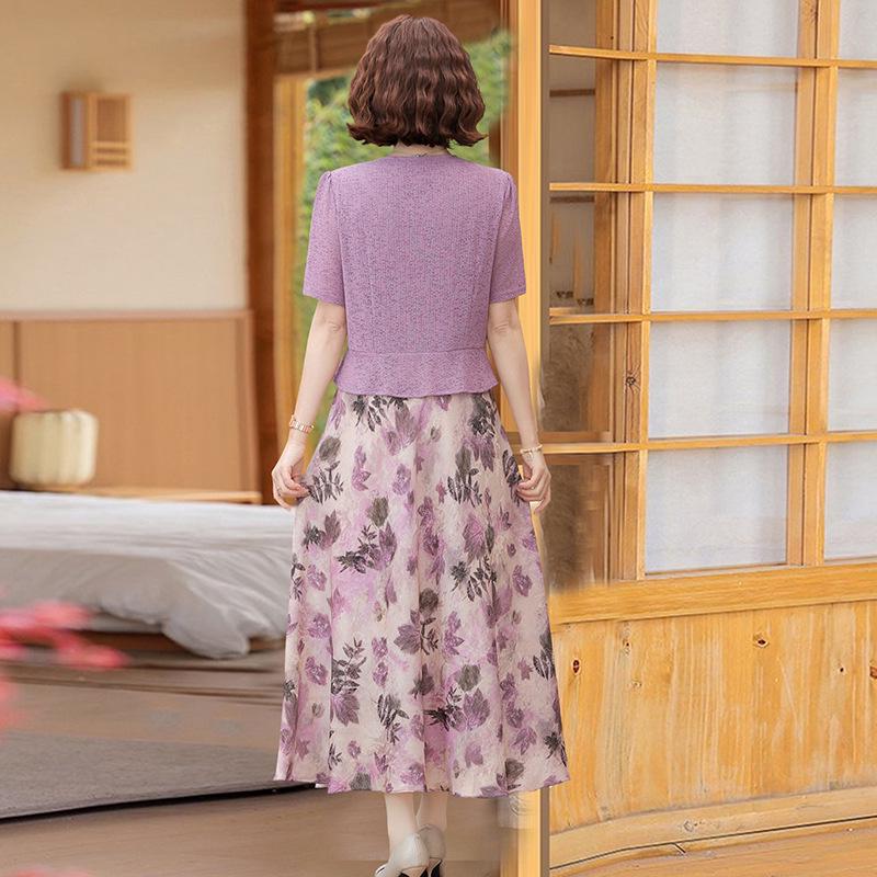 2025 Summer Slimming Short-Sleeve Midi Dress for Middle-Aged & Elderly Women