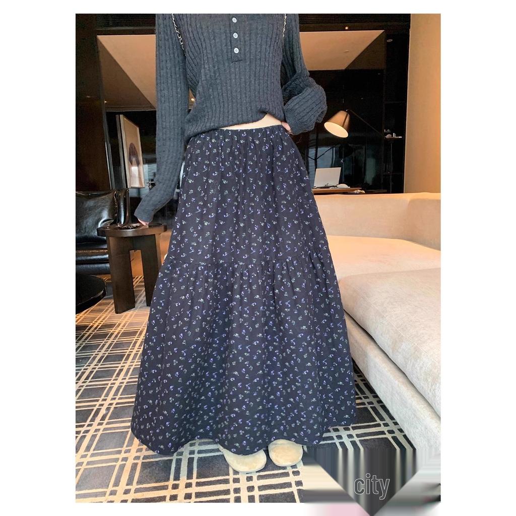 2025 Autumn Floral A-line Slimming Skirt with Elastic Waist for Women
