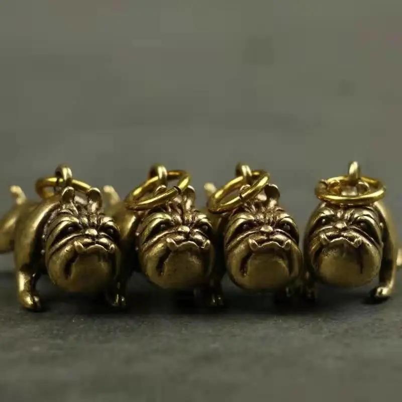 Pure Brass Cute Cartoon Dog Key Chain Pendants Vintage Metal Copper Animal French Bulldog Pug Figurines Keychain Hanging Jewelry.