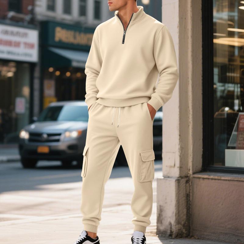 New American Men's Casual Velvet Warm Zipper Men's Solid Color Pocket Sports Trousers Suit