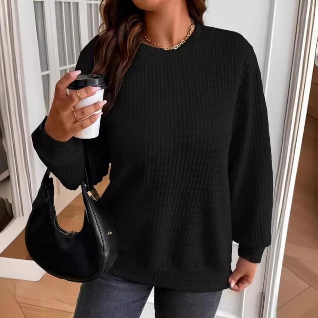 Fall Winter Women's Solid Color Loose Button Crew Neck Patchwork Long Sleeve Sweatshirt
