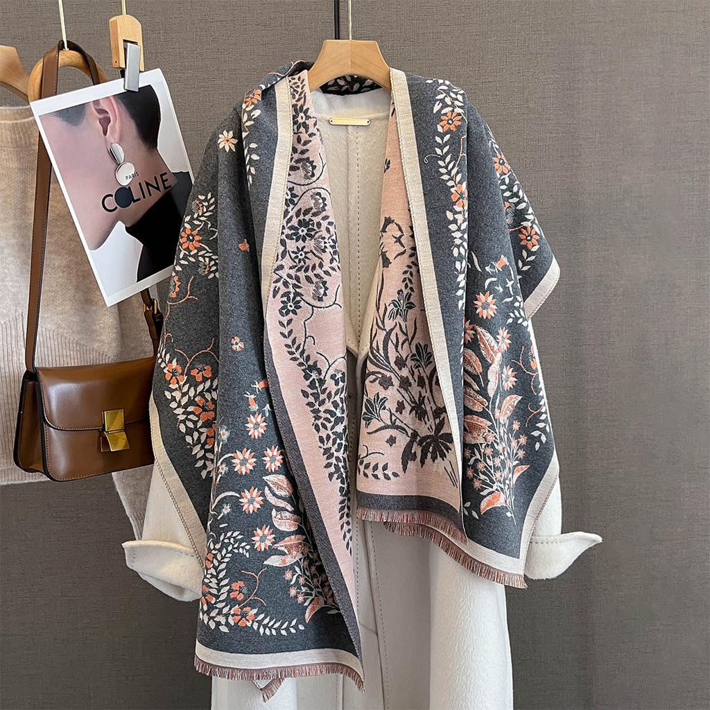 65*185cm Thickened Warm Scarf For Women Luxury Floral Long Tassel Pashmina Shawl Faux Cashmere Warps Autumn Winter Blanket