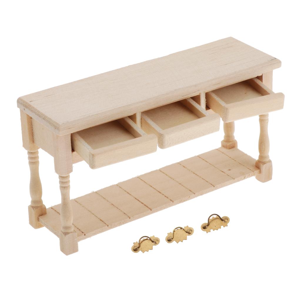 1:12 Miniature Table European Style Rectangular Table with 3 Drawers Wooden Dollhouse Furniture for Doll House Living Room Decor