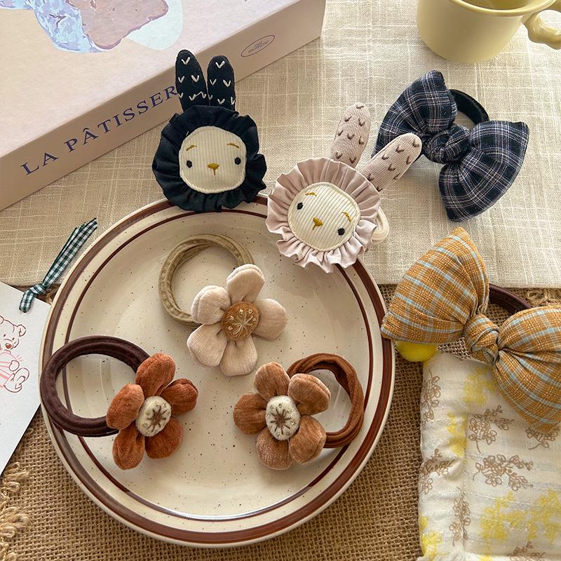 

Velvet Floral Hair Tie: Cute Korean-Style Bow with Plaid for Kids