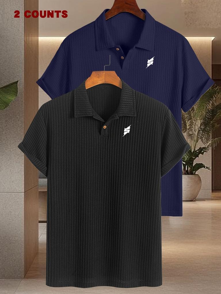 2pcs Men's Polo Shirts with S Letter Print Pattern, Short Sleeve Casual Shirts Comfortable Soft Knit Lapel Collar, Ideal for Daily Business Wear