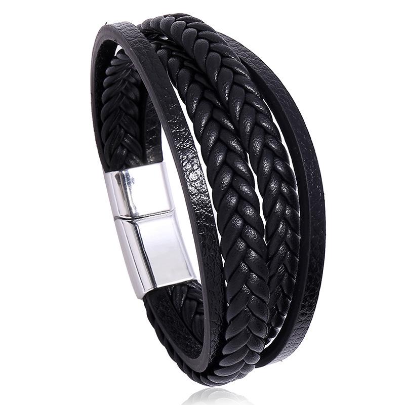 Men's Minimalist Multi-Layer Woven Leather Bracelet with Magnetic Buckle - European and American Style, Imitation Cowhide